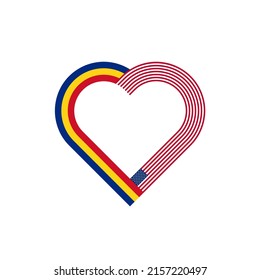 concepto de unidad. icono del contorno cardíaco de rumania y banderas de los estados unidos. ilustración vectorial aislada en fondo blanco