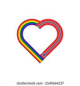 concepto de unidad. icono de la cinta de corazón de las banderas arco iris y noruega. ilustración vectorial aislada en fondo blanco