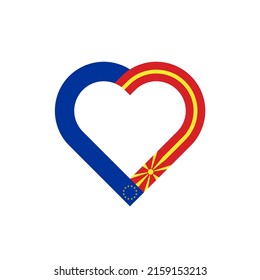 concepto de unidad. icono de la cinta de corazón de las banderas de la unión europea y del norte de macedonia. ilustración vectorial aislada en fondo blanco