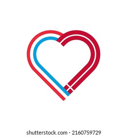 concepto de unidad. icono de la cinta de corazón de las banderas de luxemburgo y dinamarca. ilustración vectorial aislada en fondo blanco