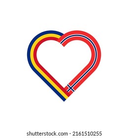 concepto de unidad. ícono de la cinta de corazón de rumania y banderas de noruega. ilustración vectorial aislada en fondo blanco