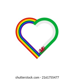 concepto de unidad. icono de la cinta de corazón de las banderas arco iris y de Gales. ilustración vectorial aislada en fondo blanco