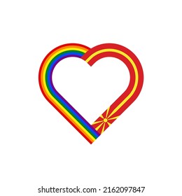 concepto de unidad. icono de la cinta de corazón de las banderas arcoiris y macedonia del norte. ilustración vectorial aislada en fondo blanco