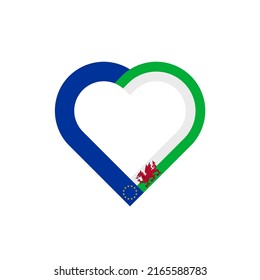 concepto de unidad. icono de la cinta de corazón de las banderas de la unión europea y de Gales. ilustración vectorial aislada en fondo blanco