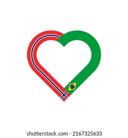 Einheitskonzept. Herzbandsymbol von Norway und brasilianische Flaggen. Vektorgrafik einzeln auf weißem Hintergrund