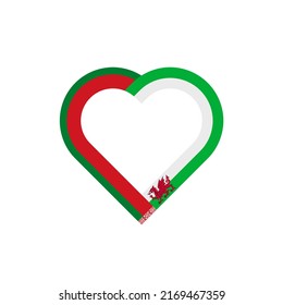 concepto de unidad. icono de la cinta de corazón de las banderas de belarús y de Gales. ilustración vectorial aislada en fondo blanco
