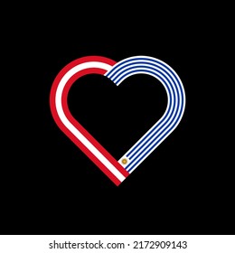 concepto de unidad. icono de la cinta de corazón de las banderas de perú y uruguay. ilustración vectorial aislada en fondo negro