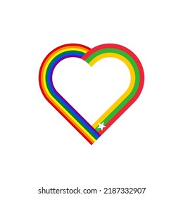 Einheitskonzept. Herzbandsymbol von Regenbogen- und Myanmarflaggen. Vektorgrafik einzeln auf weißem Hintergrund