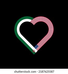 unity concept. heart ribbon icon of algeria and united states flags. vector illustration isolated on black background