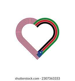 concepto de unidad. icono de la cinta de corazón de las banderas de estados unidos y sudán del sur. ilustración vectorial aislada en fondo blanco