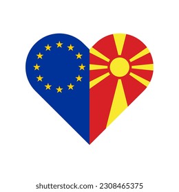 unity concept. heart shape icon of europe and north macedonia flags. vector illustration isolated on white background