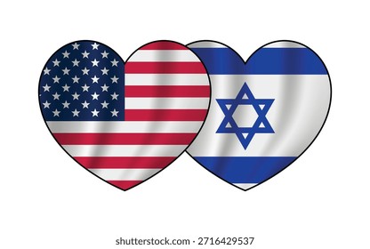 Conceito de unidade. ícone de forma de coração das bandeiras dos Estados Unidos e Israel. ilustração vetorial isolada no fundo branco