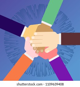 Unity concept. Human hands with open palms. Symbol of teamwork, a public association. Flat vector cartoon illustration. Objects isolated on a white background.