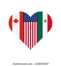 ユニティコンセプト。北米自由貿易協定加盟国カナダ、米国、メキシコの国旗のハート型アイコン。白い背景にベクターイラスト
