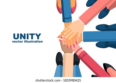 Unity concept. Top view of a group of young business people, holding hands together. Unity and teamwork. Vector illustration flat design. Isolated on white background.
