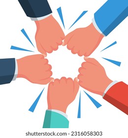 Unity concept. Top view of a group of young business people, fists together. Unity and teamwork. Vector illustration flat design. Isolated on white background.