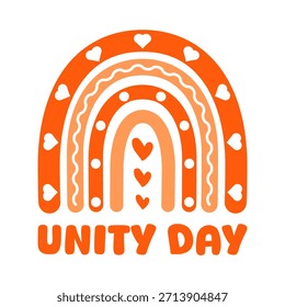 Ilustração boho arco-íris do Dia da Unidade simbolizando unidade, bondade e aceitação. Concepção de conceito promovendo a prevenção do bullying, inclusão, empatia, educação e consciência social. Ilustração vetorial.