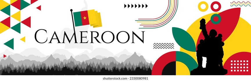Unity Day of Cameroon, Cameroon Independence Day abstract banner design with flag and map. Flag color theme geometric pattern retro modern Illustration design. Green, Yellow and Red color template.