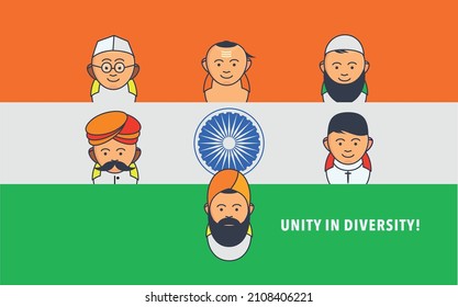 UNITY IN DIVERSITY! Cute Indian characters for Independence day  poster design, Republic day poster, advertising and banners, etc.  