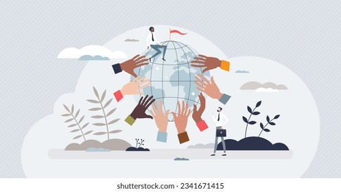 Unity in diversity and ethnic global society inclusion tiny person concept. Various racial and social groups acceptance for business vector illustration. Collaboration or partnership around the globe