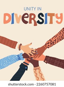 Unidad en la diversidad. Grupo de manos de la piel diversa, tocándose entre sí.  Igualdad racial y antirracismo. Sociedad multicultural. Amistad. Ilustración del vector