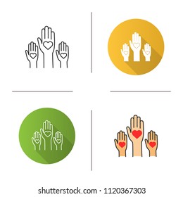 Unity in diversity icon. Flat design, linear and color styles. No to racism. Volunteers. Helping hands. Voting. Charity. Isolated vector illustrations