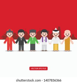 Unity in diversity, illustration of multiple religion live peacefully and holding hands each other while smiling