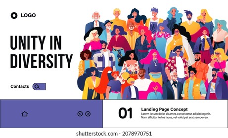 Unity in diversity. Landing page concept, web page design with vector illustration. A crowd of diverse, multicultural, multiracial people of different ages standing together.