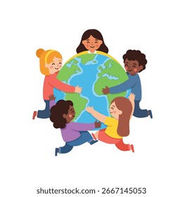 Unidad en la diversidad. Las personas de diferentes etnias se llevan bien y son amigables entre sí. Las personas abrazan la tierra. Diseño 1