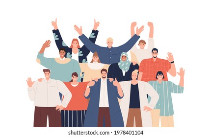 Unity in diversity. People of different nationalities and religions cartoon characters. Multinational society. Teamwork, cooperation, friendship concept. vector illustration