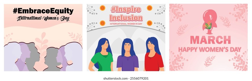 Unity and Empowerment. Inspiring Inclusion on International Women's Day. Floral Design. Set flat vector modern illustration 