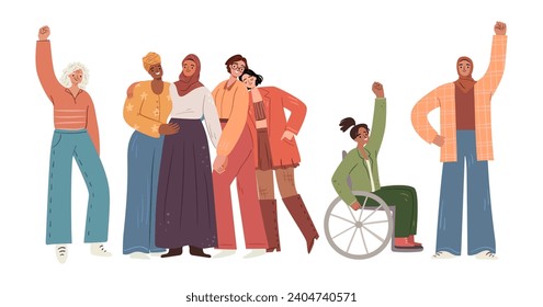 Unity and equality, isolated female characters diversity and rights protection. Vector women day celebration, girls power and empowerment movement, unity and fight for social just and support