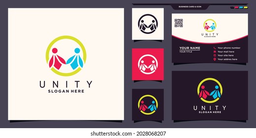 Unity family, friendship people together logo with unique concept and business card design Premium Vector