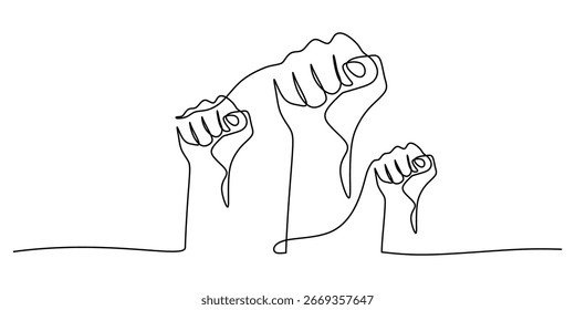 Unity Fist em desenho contínuo de uma linha. Ilustração simbólica de unidade e poder mostrada através de três punhos cerrados, um conceito de revolução e trabalho em equipe em uma arte de linha.