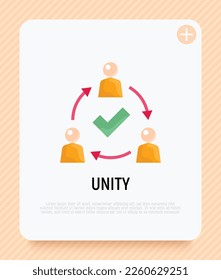 Unity flat icon. Successful communication employees. Teamwork, collaboration. Circle of people with check mark. Modern vector illustration.