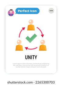 Icono plano de unidad. Empleados de comunicación exitosos. Trabajo en equipo, colaboración. Círculo de personas con marca de verificación. Ilustración vectorial moderna.