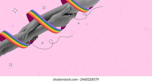 Unity and freedom. Human hands holding with colorful rainbow string around hands against pink background. Contemporary art collage. LGBT, equality, pride month, support, love, human rights concept