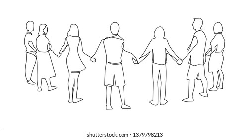 Unity, Friendship Continuous Single Line Drawing. People, Friends Holding Hands Together. Community Cooperation, Society Connection. Support, Teamwork, Round Dance. Hand Drawn Outline Illustration