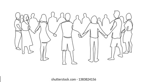 Jedność, przyjaźń ciągłe rysowanie pojedynczej linii. Ludzie, przyjaciele trzymają się za ręce. Współpraca wspólnotowa, połączenie społeczne. Wsparcie, praca zespołowa, okrągły taniec. Ręcznie rysowana ilustracja zarysu