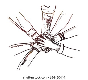 Unity of hands groups sketch vector illustration.