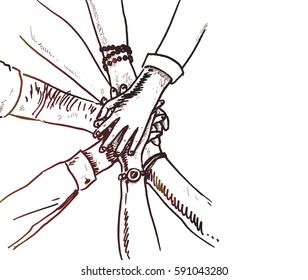 Unity Of Hands Sketch Vector Illustration