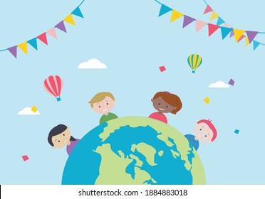 Unidad de los niños felices y el concepto de planeta tierra
