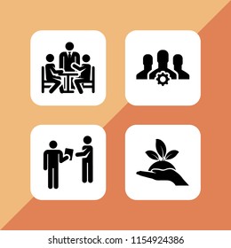 unity icon. 4 unity set with work, team, plant on a hand and group meeting vector icons for web and mobile app