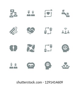 unity icon set. Collection of 16 filled unity icons included Friends, Peace, Friendship, Unity, Relationship, Communication, Hand shake