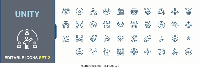 Unity icon set in linear style. Contains outline symbols like social, organization, relationship, team, support and more. Community icon set. Minimal icons set. Editable stroke. Vector collection.