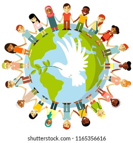 Unity of kids and dove of peace concept
Different international multicultural children standing together and holding hands around the world