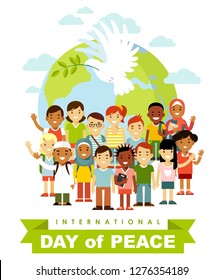 Unity of kids and dove of peace concept. Different international multicultural children standing together in front of the world