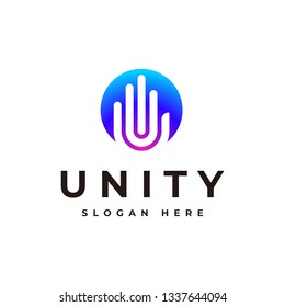 Unity letter U with geometrical negative space of hand logo - vector