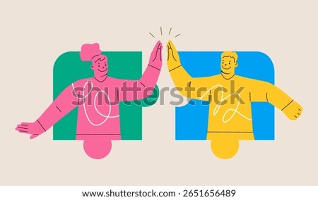 Unity. Man and woman working together to put together a jigsaw puzzle. Colorful vector illustration
