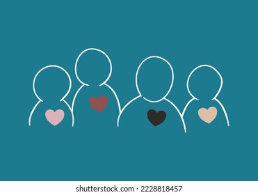 Unity of mankind. Ethnic diversity. People with different skin colors but with the same heart. Simple design illustration. Racial and solidarity. Anti-racist campaign. Learn each other concept.